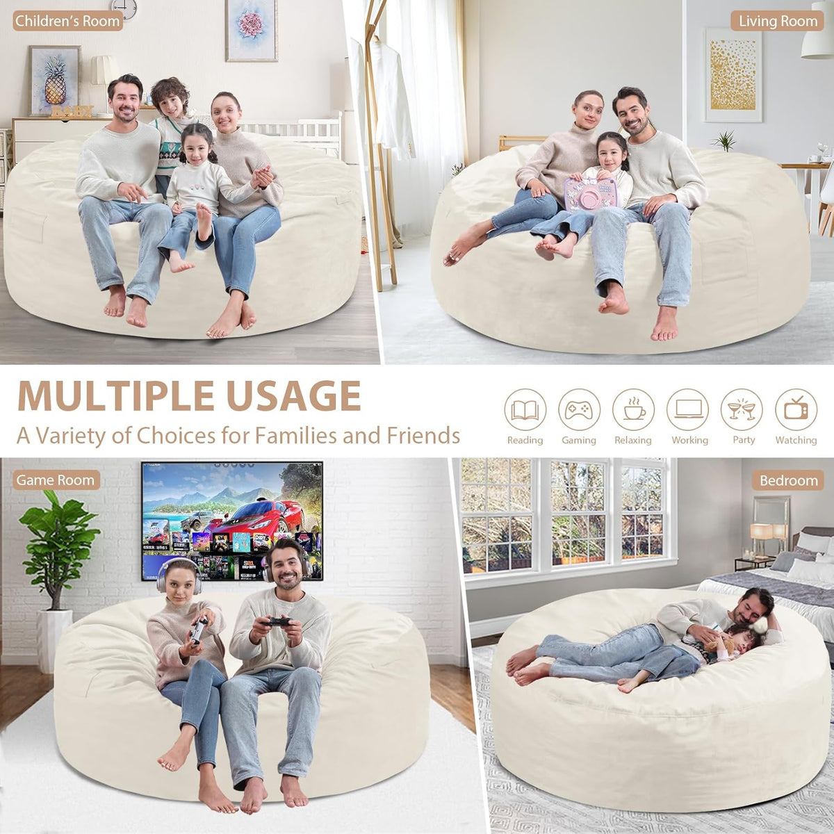 6FT Bean Bag Chair, Large Bean Bag Chairs with Memory Foam Filled, Fluffy Beanbag Sofa with Dutch Velvet Cover, Round BeanBag Chairs for Living Room, Playroom- Beige