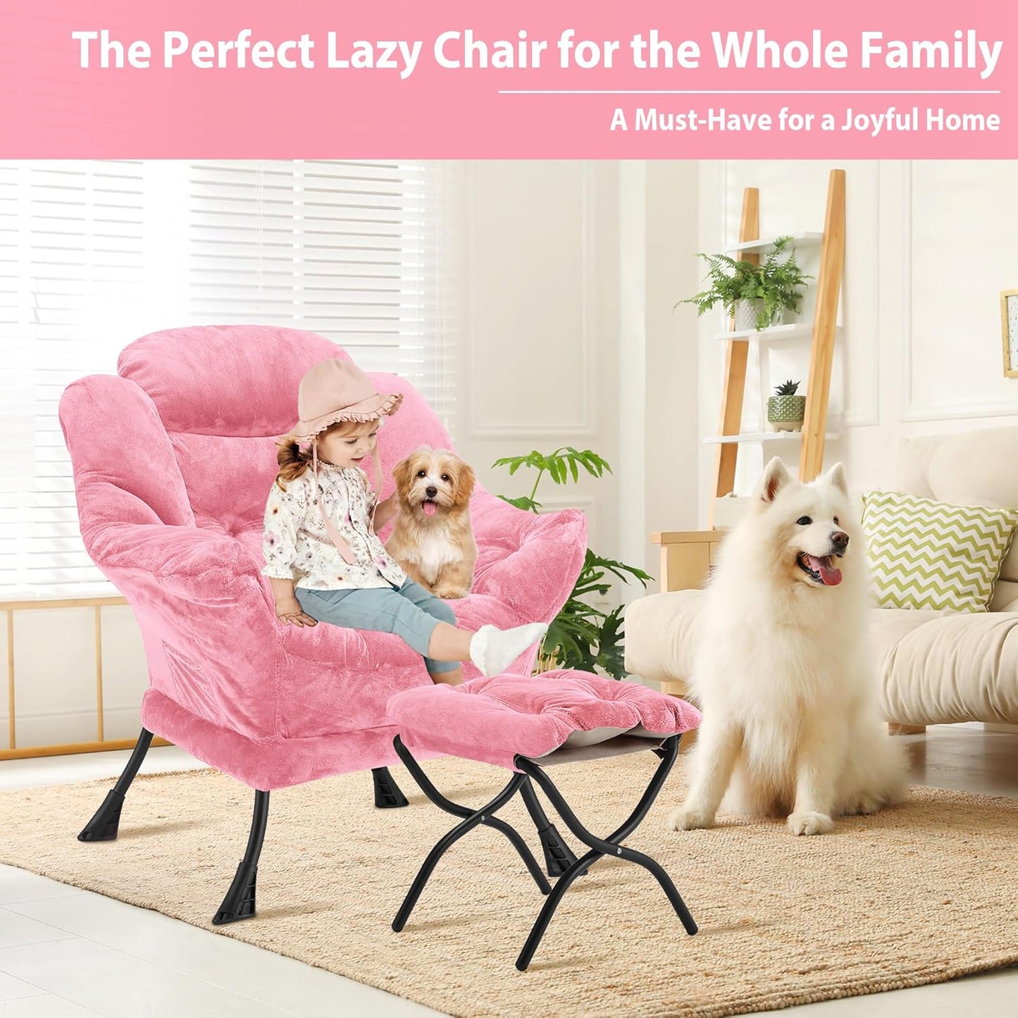 Lazy Chair with Folding Ottoman, Accent Chair Plush Upholstered with Metal Structure and Non-Slip Pads, Sofa Armchair with Footrest and Side Storage Bag for Dorm, Room, Office, Pink
