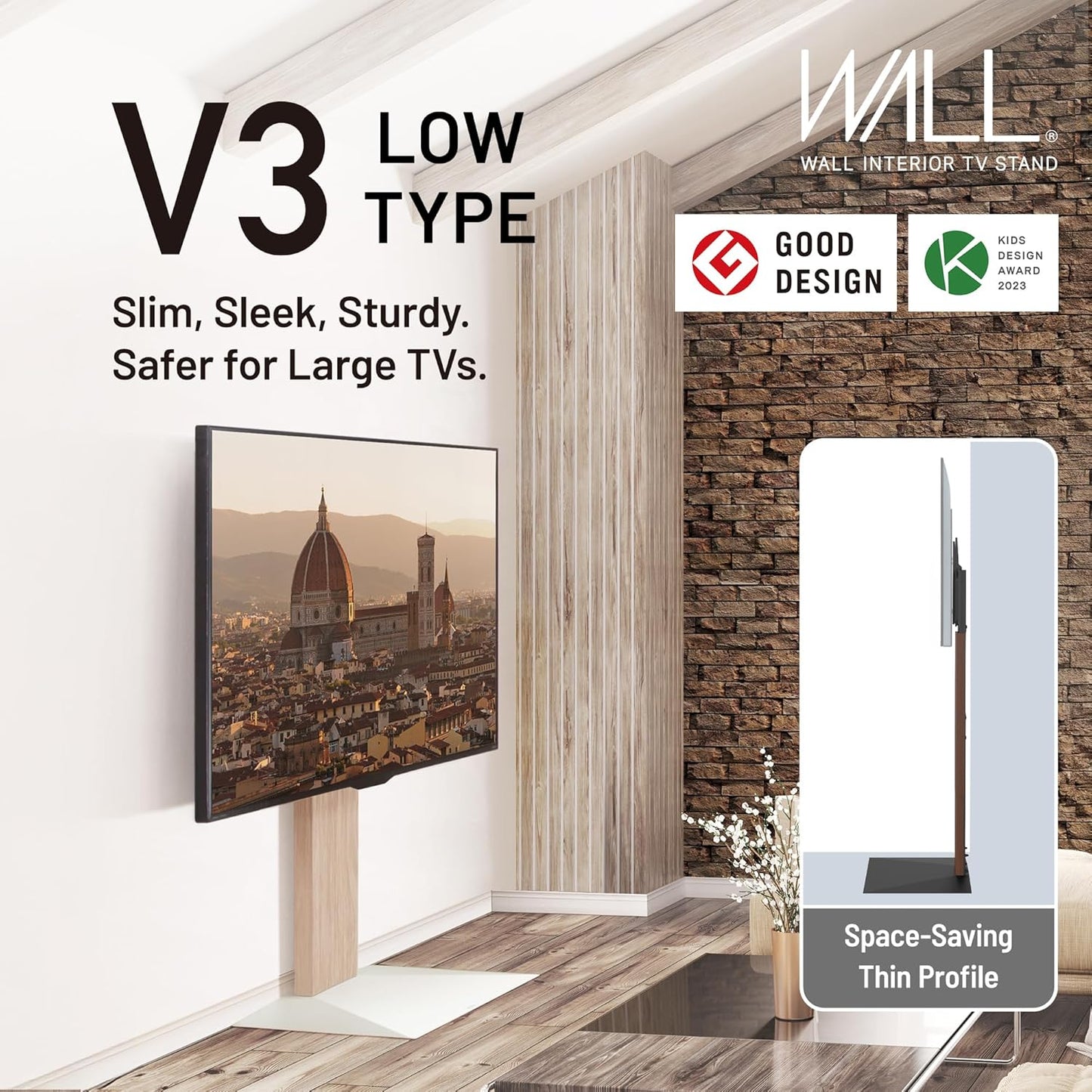 WALL V3 Low Type | Sleek Japanese 32-80 Inch Universal Side TV Stand Adjustable Mount, No Drill | White Oak