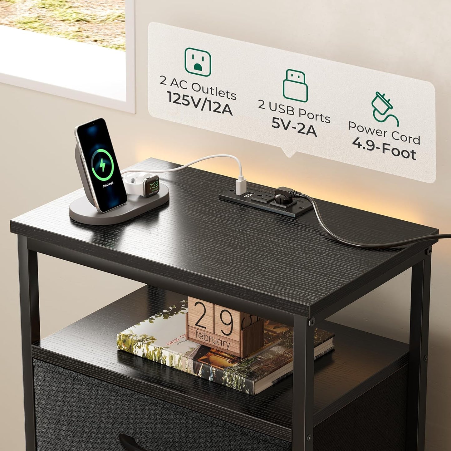 Huuger 5 Drawers Dresser with Charging Station, Dresser for Bedroom, Tall Night Stand, Chest of Drawers with Open Shelf, Bedside Table Nightstand, Fabric Storage Drawers, for Entryway, Black