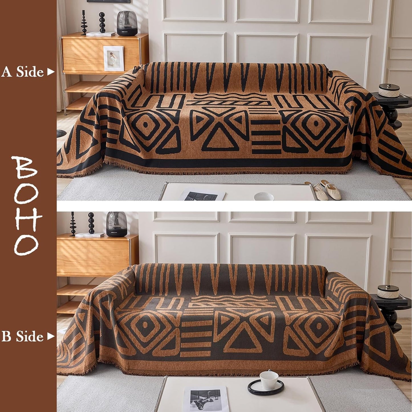 HANDONTIME Boho Geometric Couch Covers for Sofa Pet Friendly Brown and Black Sofa Covers Washable Chenille Couch Blanket Cover for 2 3 Cushion Couches Pet Protector Furniture Cover Soft, 71" X 118"