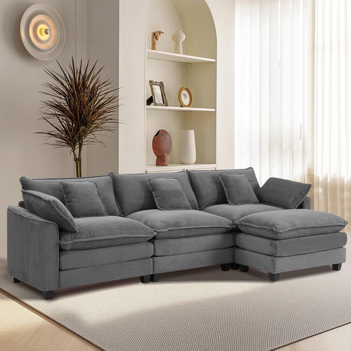 Furniliving 117‘’ L-Shaped Sofa, Luxury Corduroy Modular Sectional Couches with Ottoman, Upholstered Deep Seat Sleeper Sofa with Memory Foam and Waist Pillows, Grey