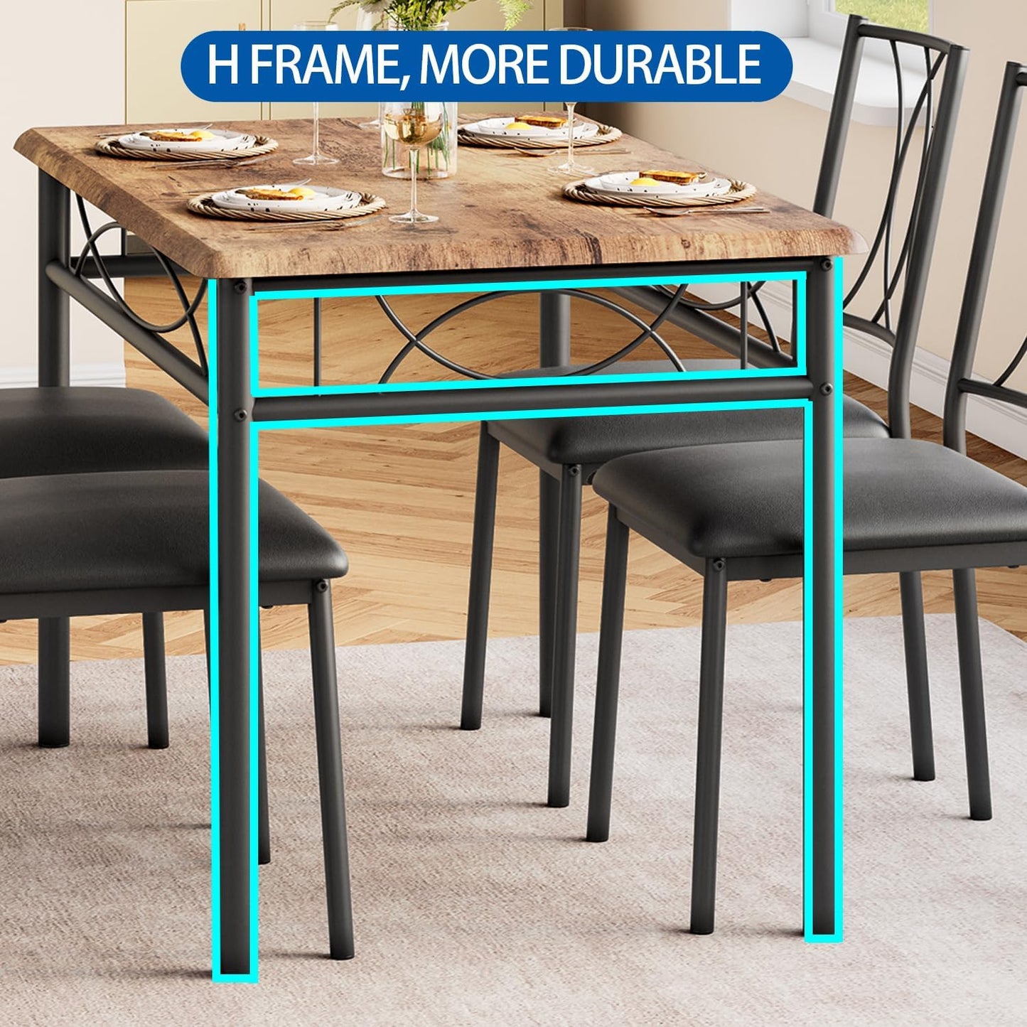 GAOMON Dining Table Set for 4, Rectangle Kitchen Table with 4 Upholstered Chairs Set for 4, 5-Piece Compact Apartment Kitchen & Dining Room Set Furniture for Small Spaces, Space-Saving, Rustic Brown