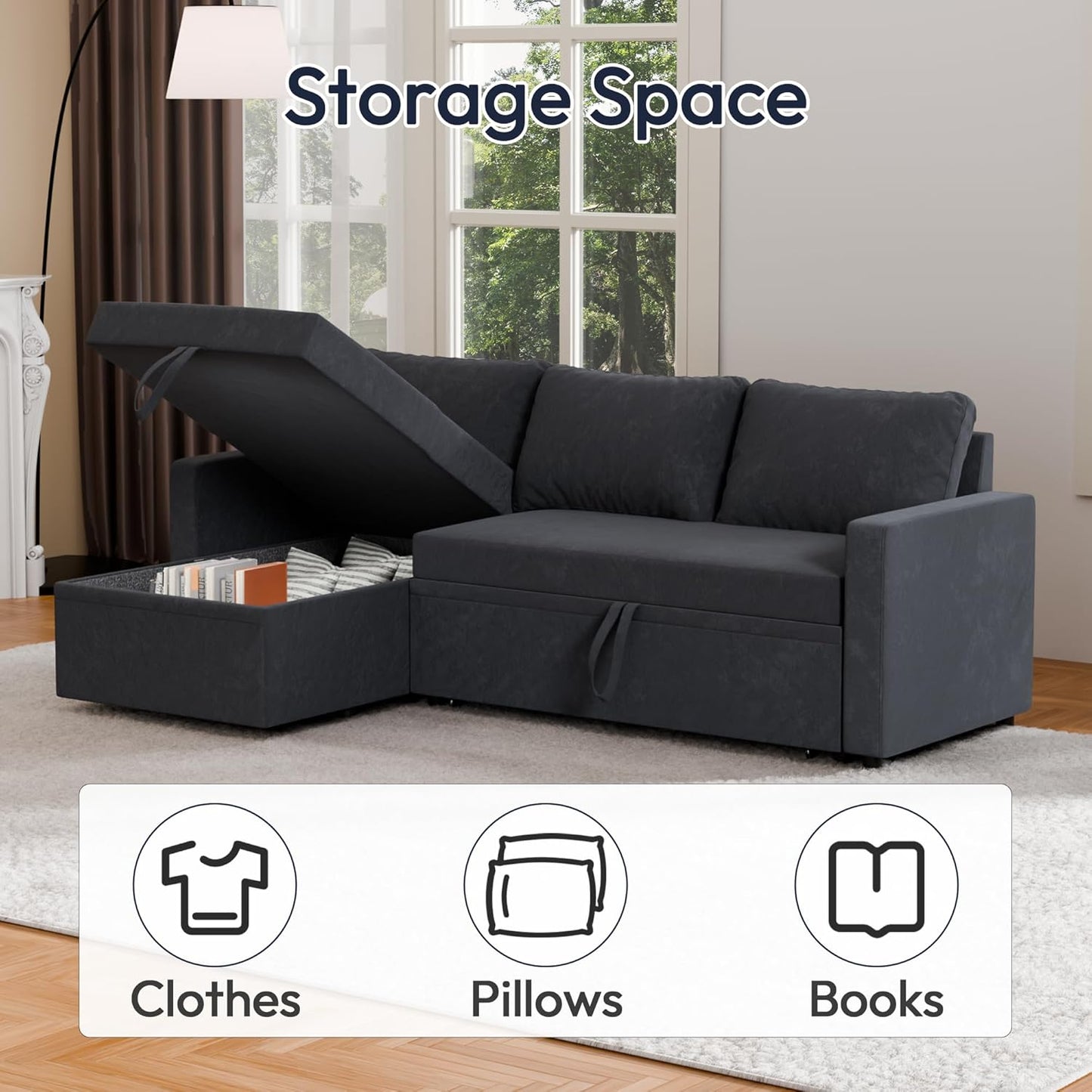 Sleeper Sofa Bed, Modular Sectional Couch with Pull Out Bed, L Shaped Sectional Convertible SofaBed with Storage Seat, for Living Room Apartment Bedroom Office Black Velvet