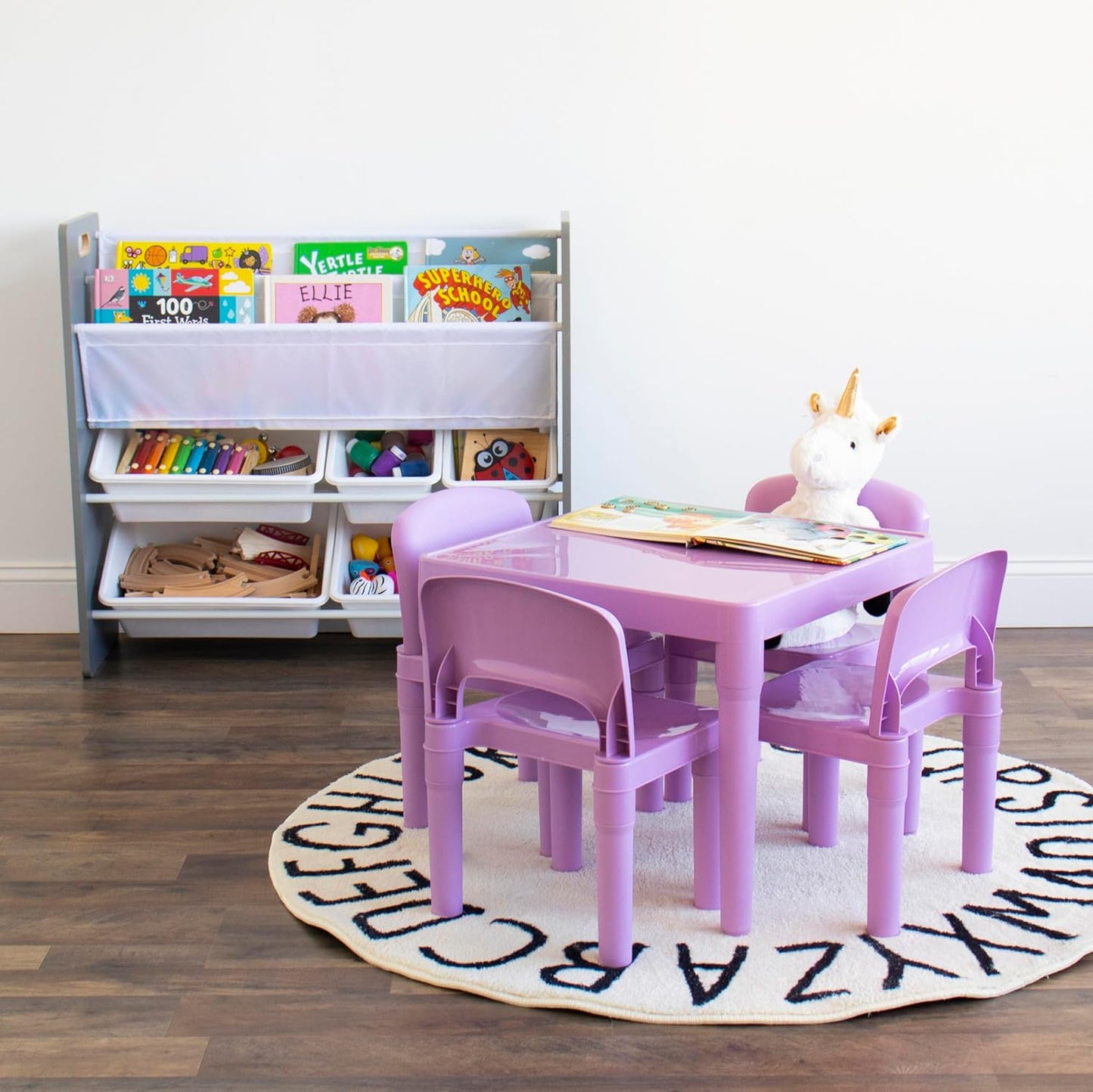 Humble Crew Kids Plastic Table and 4 Chairs Set, Purple Square Table with Lightweight Chairs, Toddler Playroom Activity Furniture for Ages 3-6, Easy Snap-Together Assembly