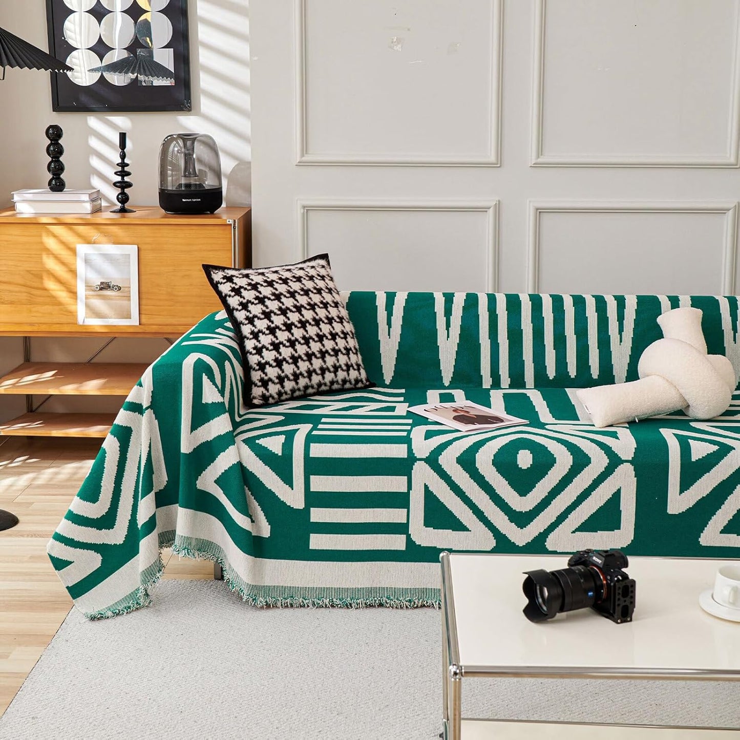 HANDONTIME Couch Cover Boho Sofa Covers Washable Forest Green Dog Covers for Couches Reversible Couch Blanket Cover Geometric L Shaped Couch Covers for 2 3 Couch Cushion Cover Dark Green, 71" X118"