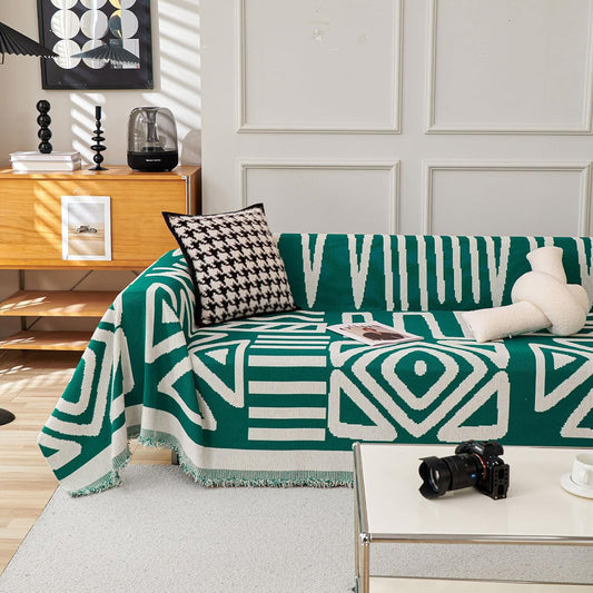 HANDONTIME Couch Cover Boho Sofa Covers Washable Forest Green Dog Covers for Couches Reversible Couch Blanket Cover Geometric L Shaped Couch Covers for 2 3 Couch Cushion Cover Dark Green, 71" X150"