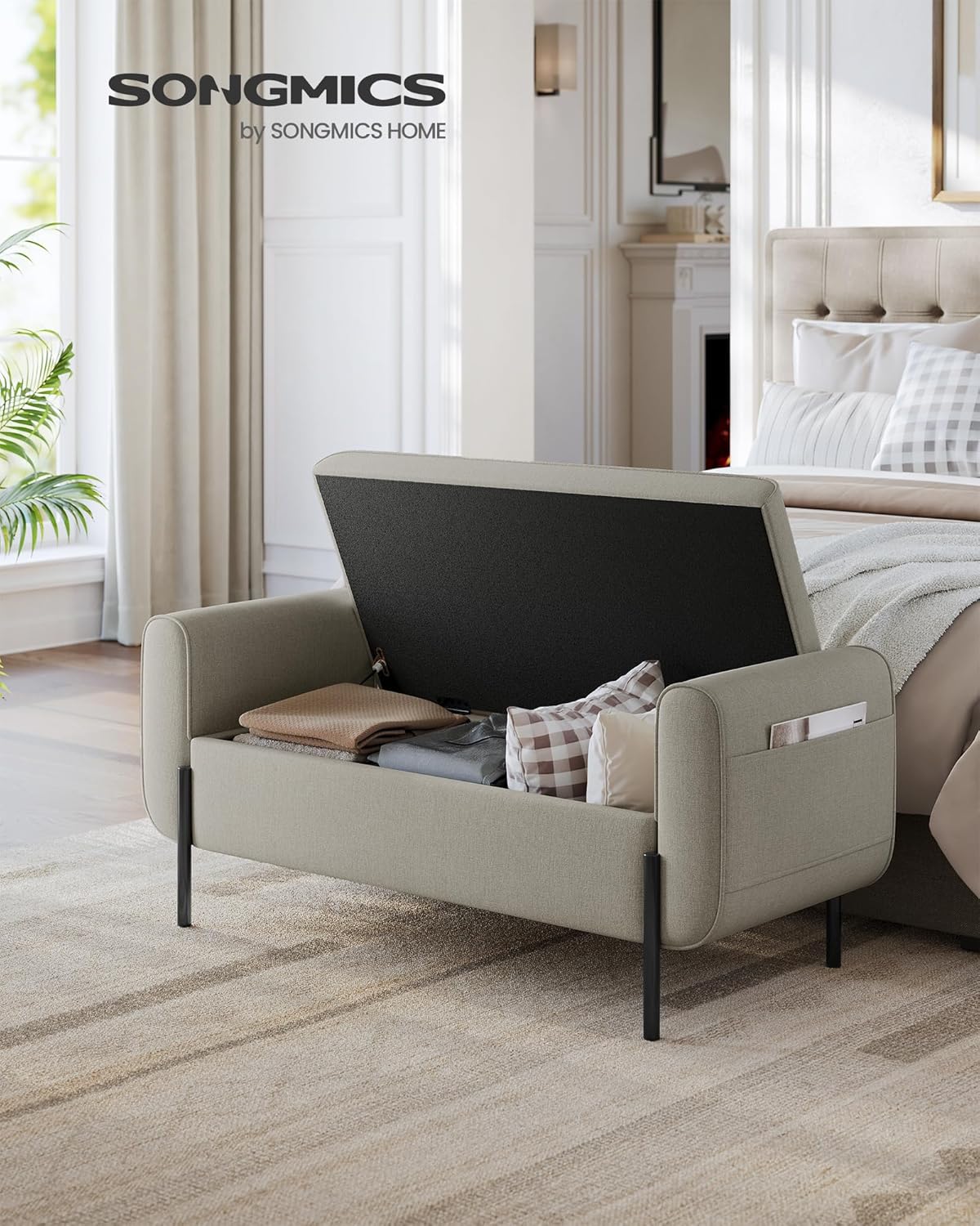 SONGMICS Storage Bench with Armrests, Ottoman with Storage for Living Room, Storage Ottoman Bench for Bedroom, Entryway, Living Room, Steel Legs, Camel Brown ULOM072K03