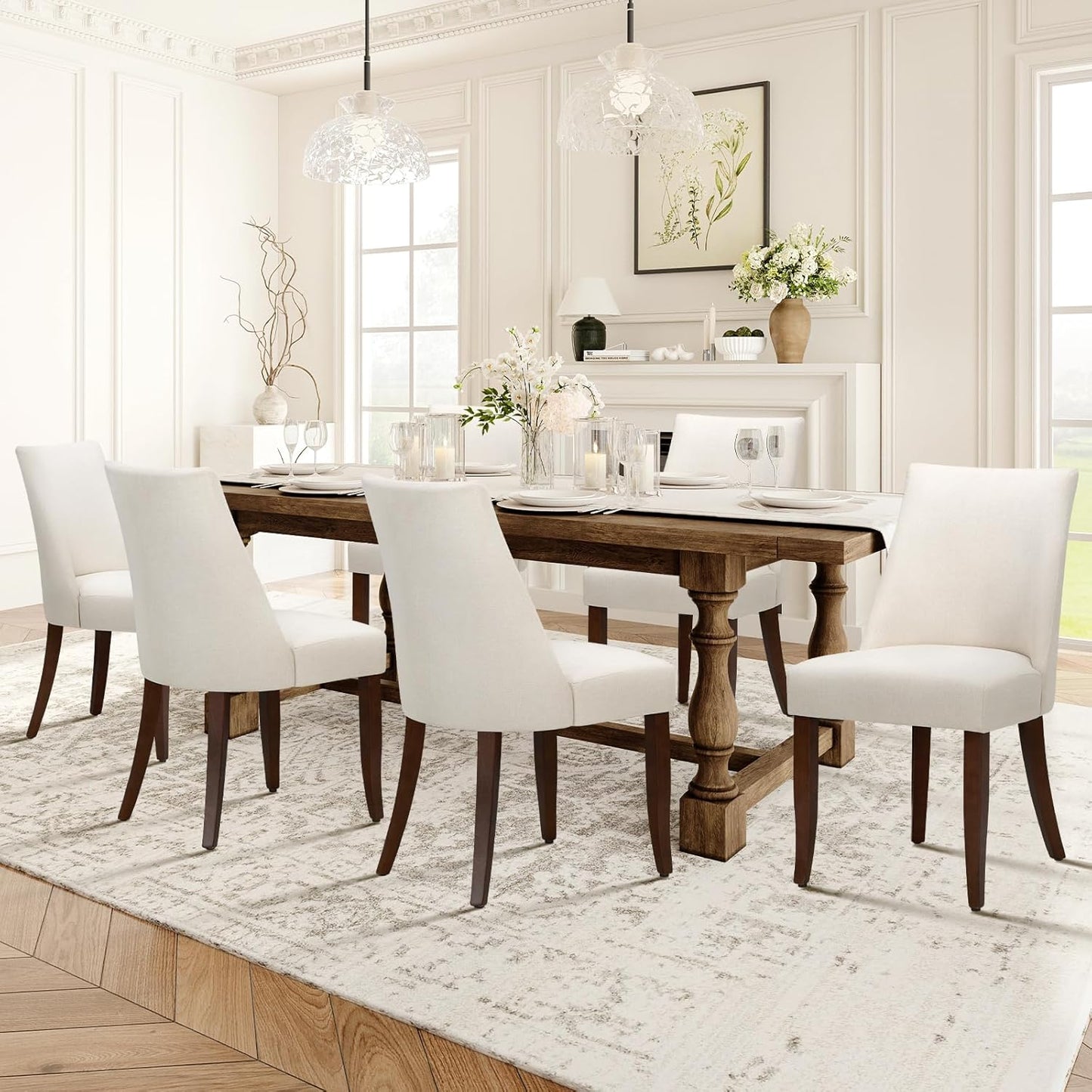 COLAMY Upholstered Dining Chairs Set of 6, Mid Century Modern Kitchen Chairs with Back, Farmhouse Fabric Side Dining Room Chairs with Wood Legs for Dining Room Restaurant, Beige