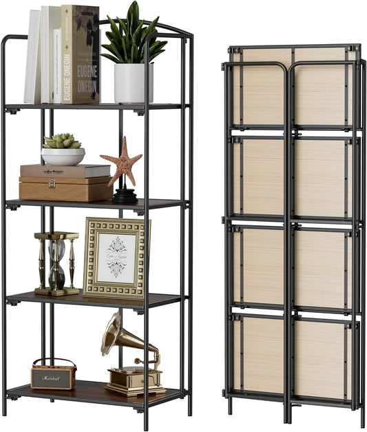 Crofy No Assembly Folding Bookshelf for Living Room, 4 Tier Black Collapsible Book Shelf for Home Office, Portable Bookcase Storage Organizer