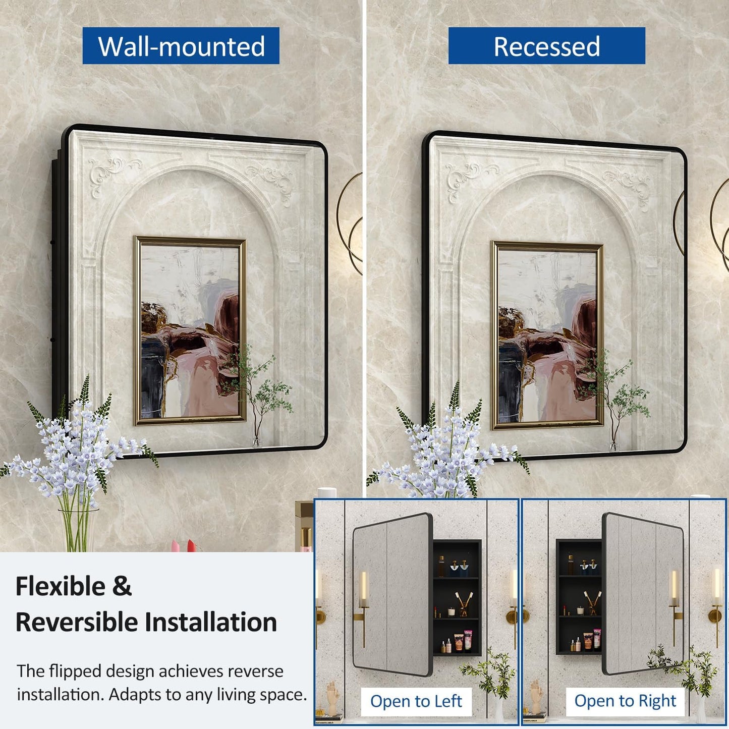 30x32 Inch Bathroom Medicine Cabinet with Mirror Black Metal Framed Mirror Cabinet Recessed or Surface Wall Mounted Medicine Cabinets for Bathroom