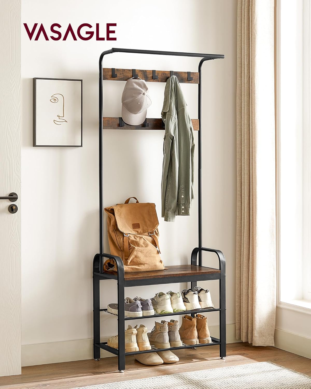 VASAGLE 5-Tier Industrial Bookshelf and 4-in-1 Entryway Coat Rack with Shoe Bench
