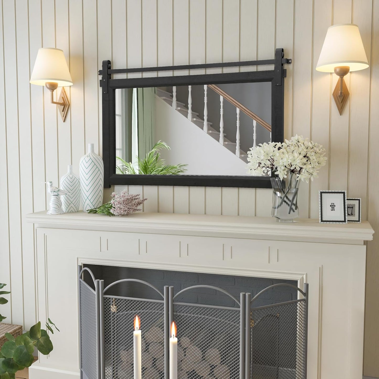 Bathroom Barn Door Mirror: 42"x28" Black Farmhouse Wood Frame - Rustic Wall Mirror for Entryway/Living Room Wall Decor