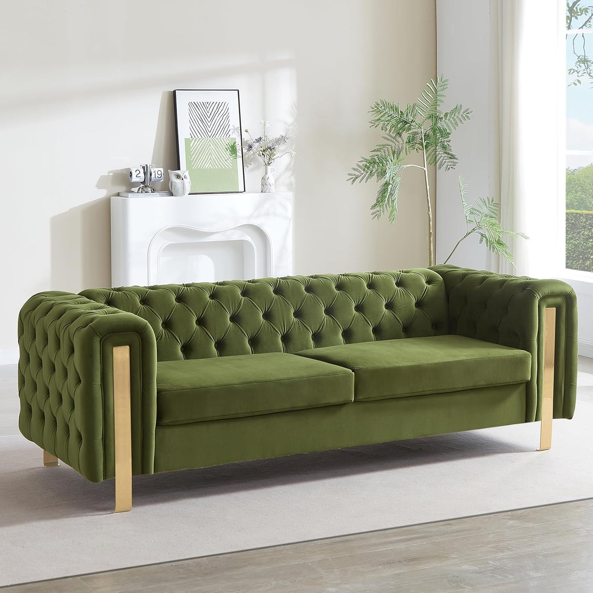 Merax Comfy 3-seat Sofa with Tufted Back and Arm and Gold Iron Legs, Modern Couch for Living Room, Bedroom, Apartment, Office, Green