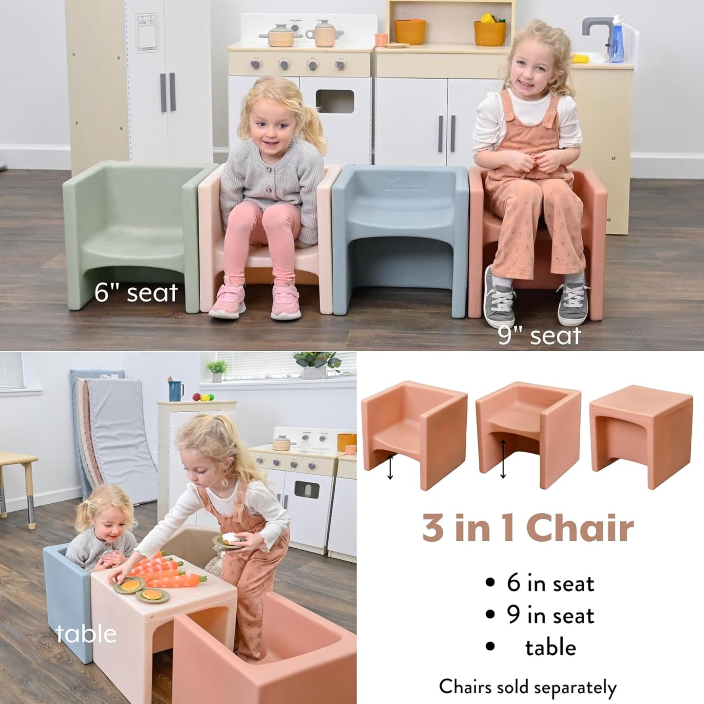 Children's Factory 3-in-1 Cube Chair for Kids, Flexible Seating Classroom Furniture, 1-Pack, Clay