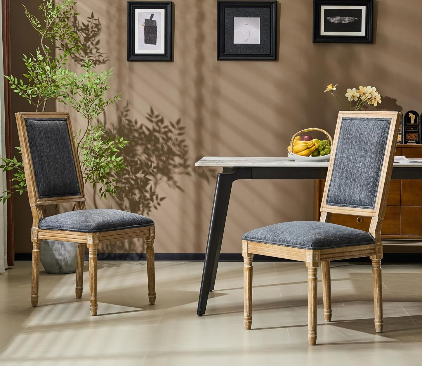 Merax Upholstered Solid Wood Dining Chairs Set of 2, French Country Style Accent Side Seating Furniture for Kitchen, Living Room, Cushioned Back, Blue Gray