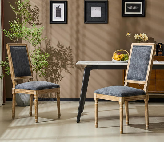 Merax Upholstered Solid Wood Dining Chairs Set of 2, French Country Style Accent Side Seating Furniture for Kitchen, Living Room, Cushioned Back, Blue Gray
