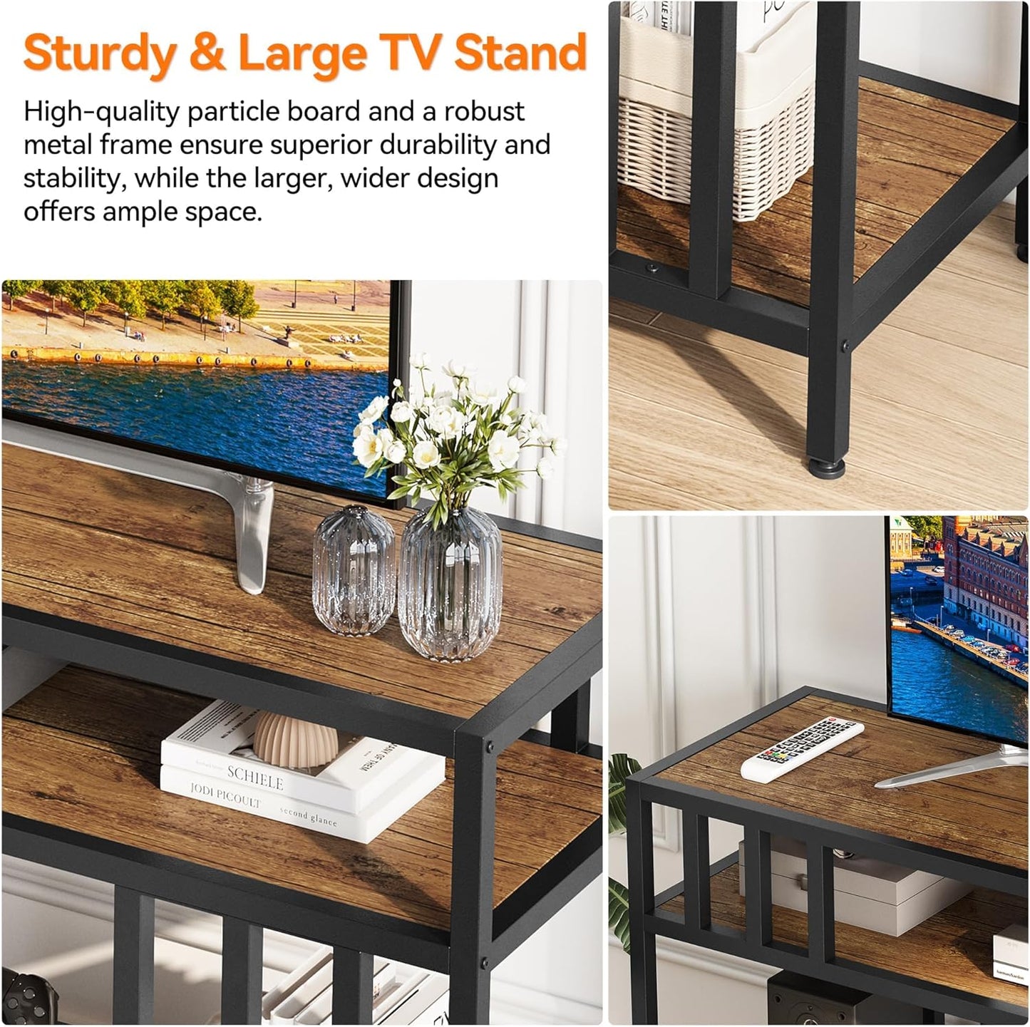 Garvee 58" TV Stand for Television up to 65 Inch, Entertainment Center with 3-Tier Open Shelves, TV Media Console Table Quadruple-Tube Support for Living Room, Entryway, Rustic Brown