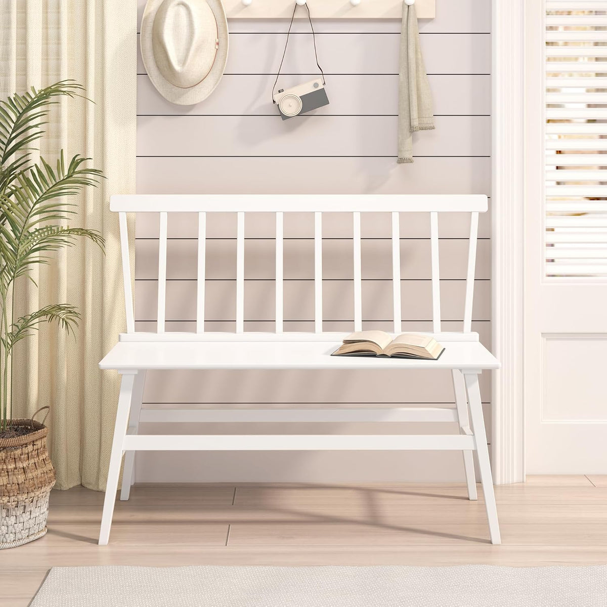 Bamboo Dining Bench, Wooden White Entryway Bench with Spindle Back Farmhouse Wood Windsor for Foyer Balcony Living Room Comfortable Winsor Chair Benches for Home