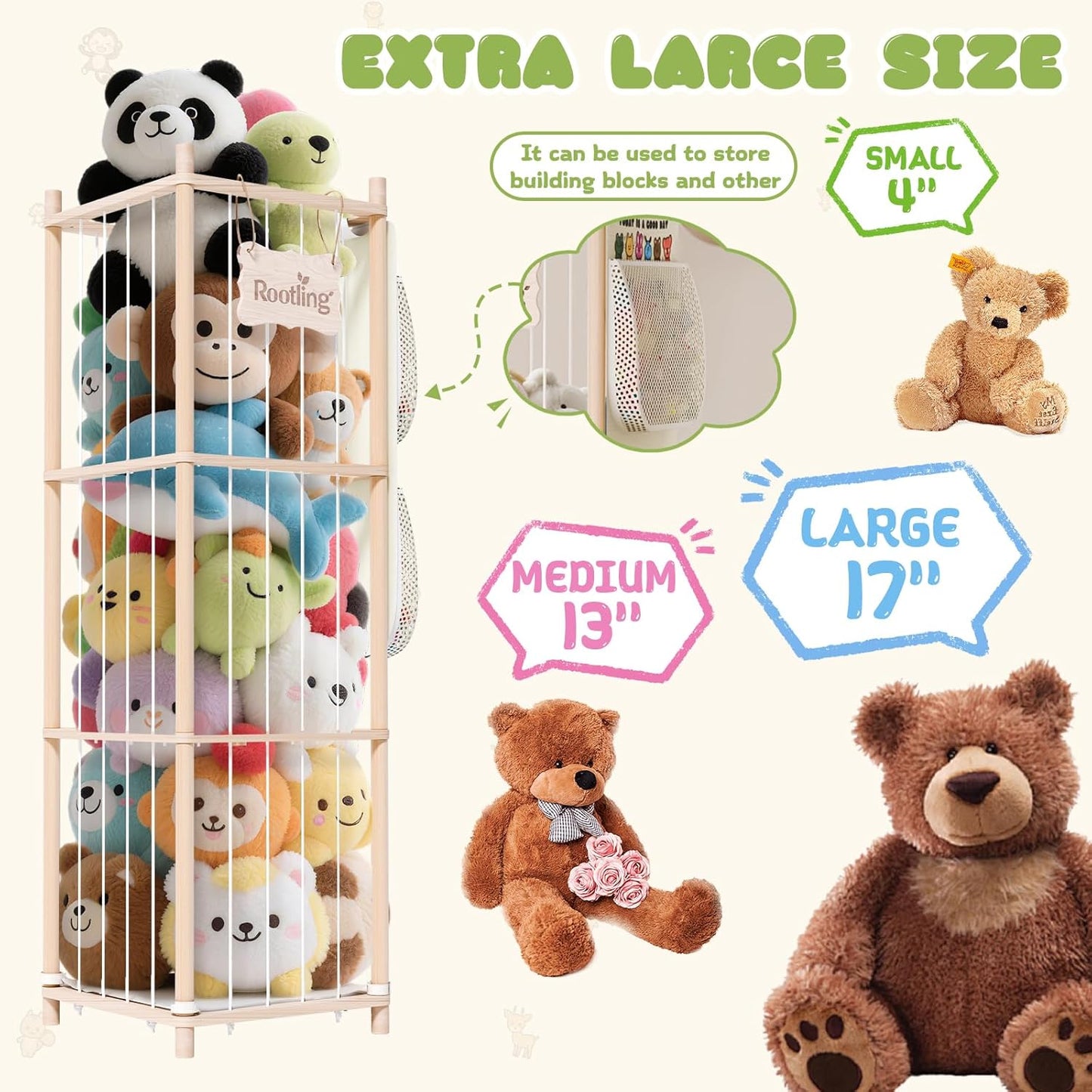 Stuffed Animal Storage & Organizer, 54 inch Tall Wooden Cute Zoo Toy Holder w/Building Block Storage Bag, Premium Wooden Material with Elastic Cord For Toddler Rooms, Playrooms & Bedrooms