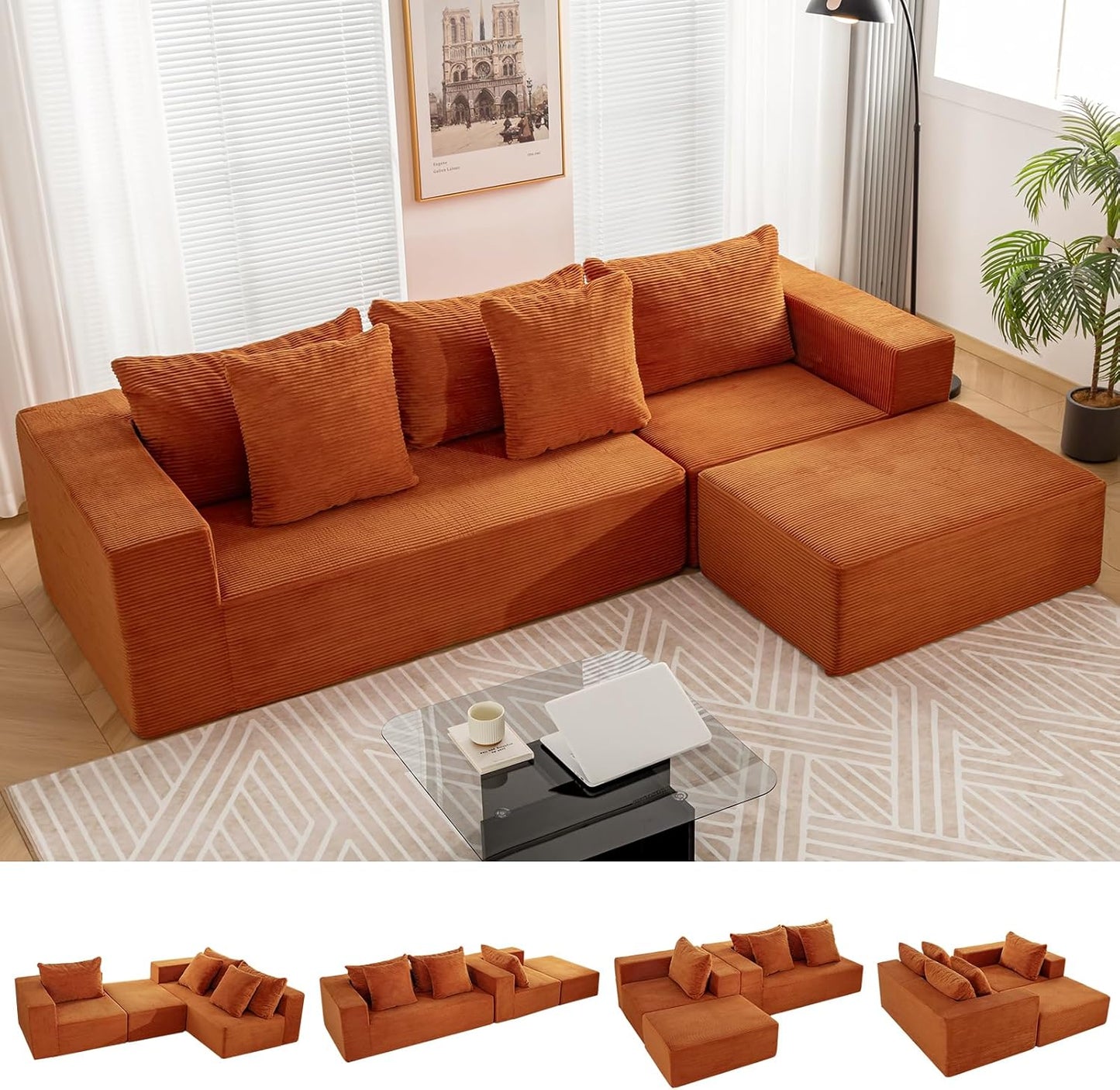 INGEROOM 108" Cloud Sectional Couch with L-Shape Chaise, Modular Sofa Memory Foam, Boneless Sofa with Movable Ottoman, Upholstered Couches for Living Room Bedroom, No Assembly Required, Orange