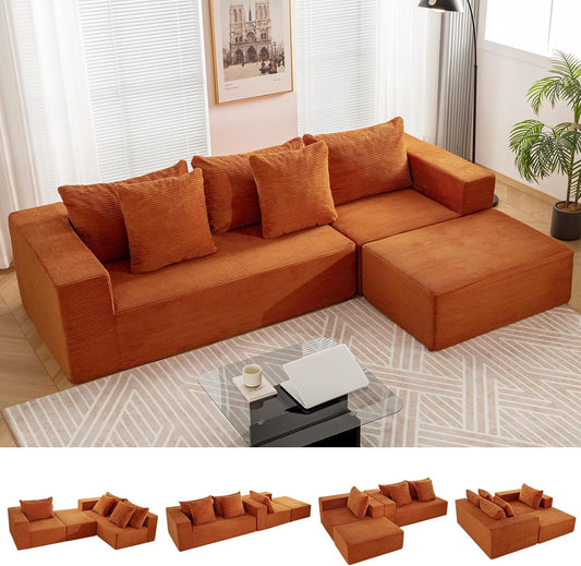INGEROOM 108" Cloud Sectional Couch with L-Shape Chaise, Modular Sofa Memory Foam, Boneless Sofa with Movable Ottoman, Upholstered Couches for Living Room Bedroom, No Assembly Required, Orange