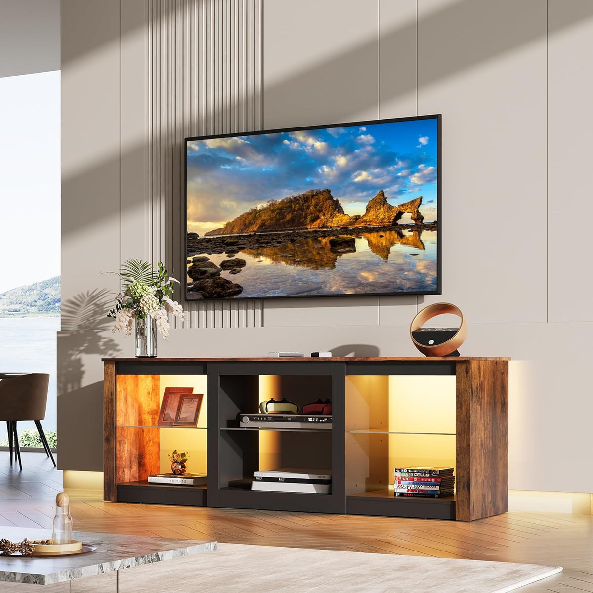 WLIVE LED TV Stand for 65 Inch TV, Modern Entertainment Center with Adjustable Glass Shelves & Customizable LED Lights, Sturdy Media Console for Living Room, Bedroom,Gaming (Brown)