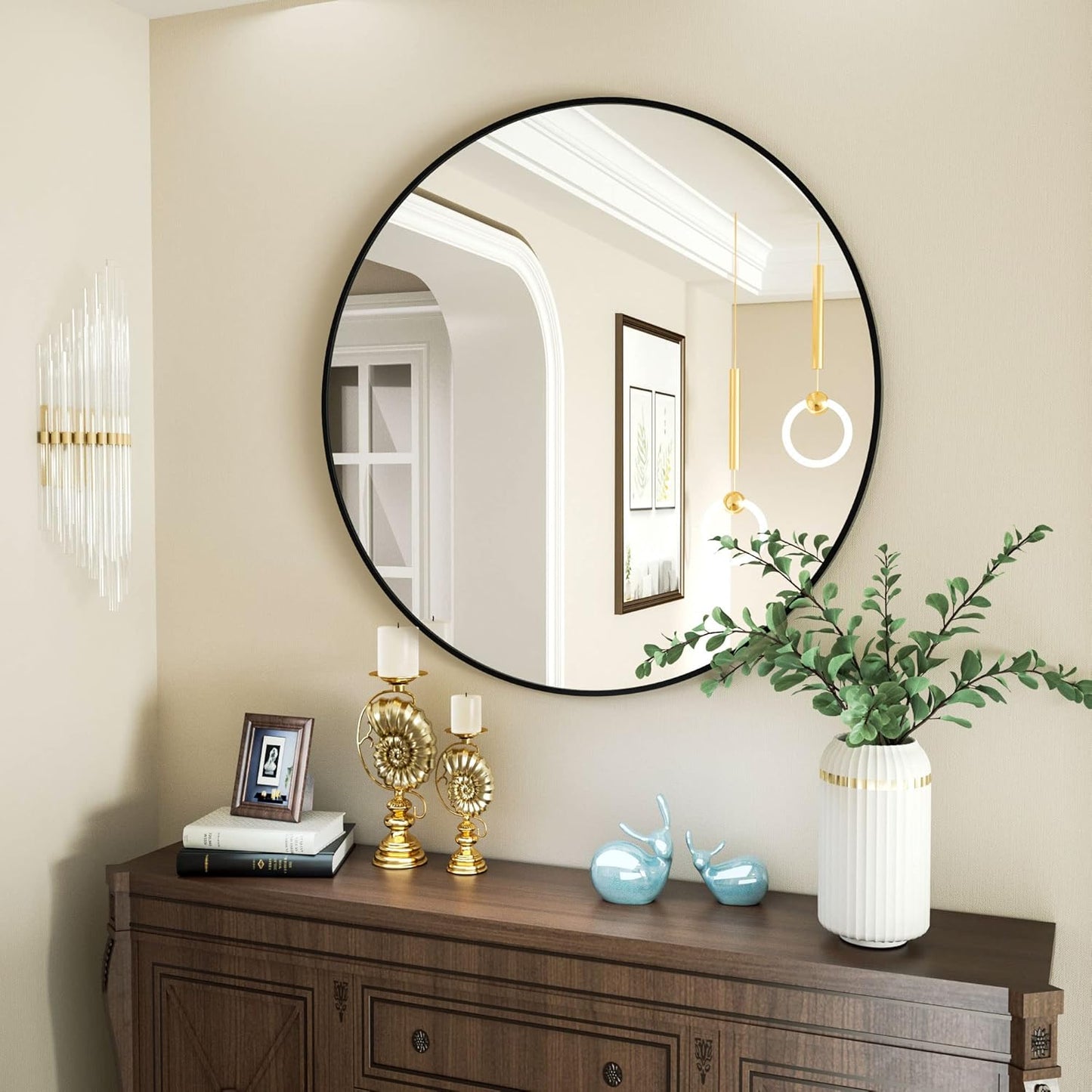 Round Mirror 15.7" Black Wall Mounted Circle Mirrors Vanity Mirror with Aluminum Alloy Frame Modern Decoration for Bathroom, Living Room, Vanity, Bedroom, Entryway