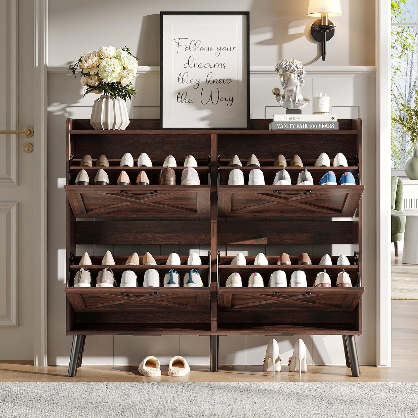 Maupvit Large Shoe Storage Cabinet with 4 Flip Drawers, Narrow Shoe Cabinet for Entryway with Wooden Legs, Freestanding Hidden Shoe Rack Organizer ＆ Metal Hinges, Walnut