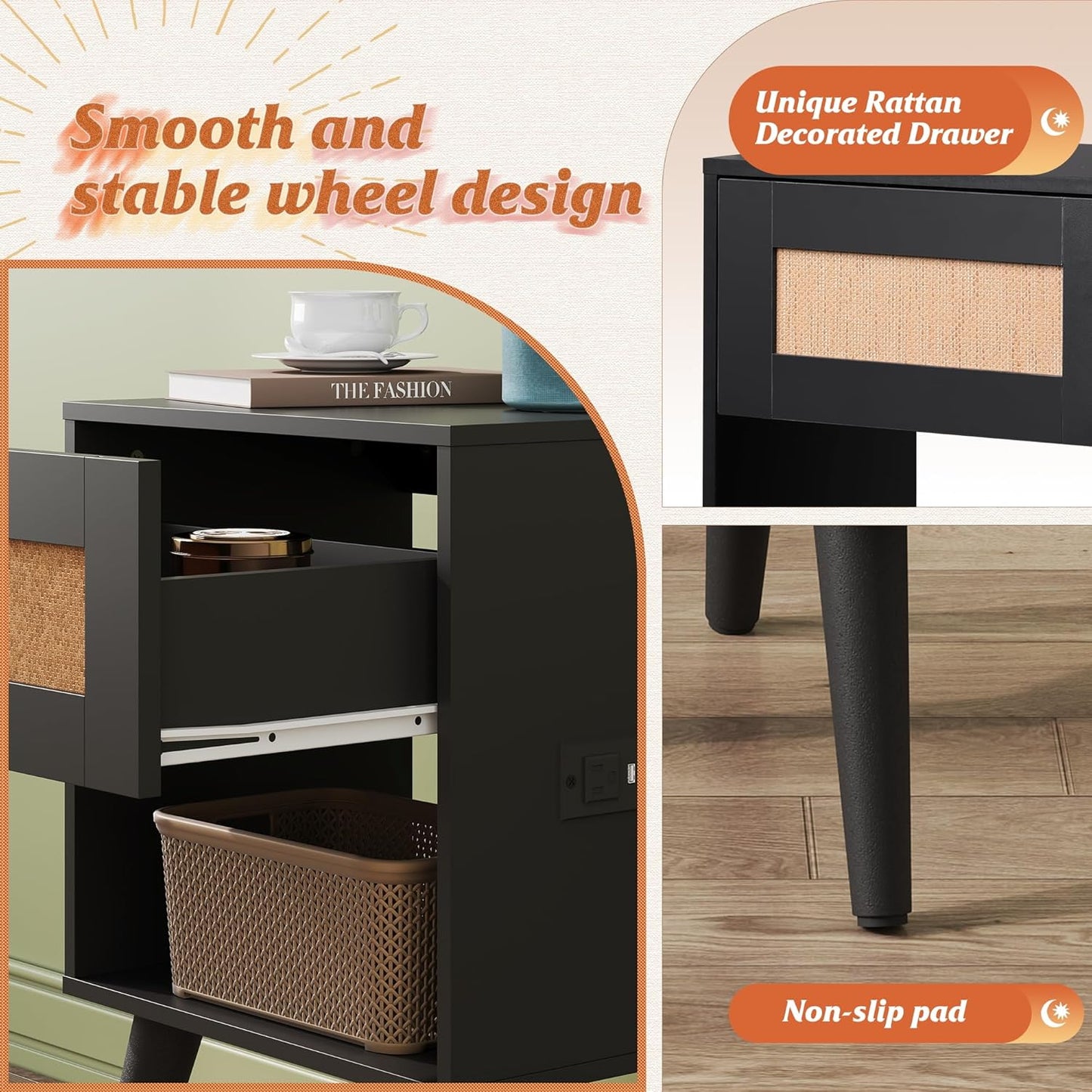 WLIVE Black Rattan Night Stand with Charger Station, Small Side Table Drawer Storage and Shelf, Mid Century Nightstands with Rattan Decor, Small Side Table for Bedroom, Black