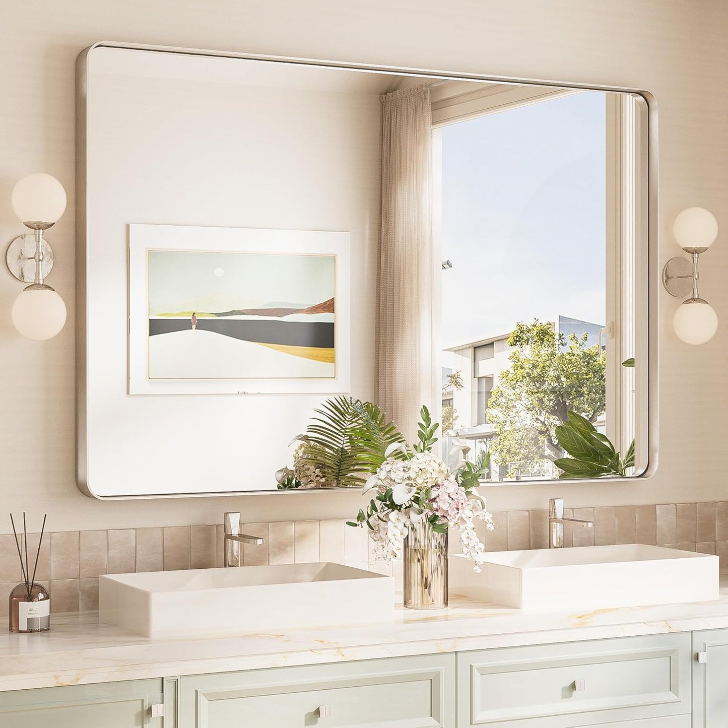 TokeShimi 55x36 Brushed Nickel Bathroom Wall Mirror Vanity Metal Frame Round Corner Rectangular for Home Decor Living Room Entryway