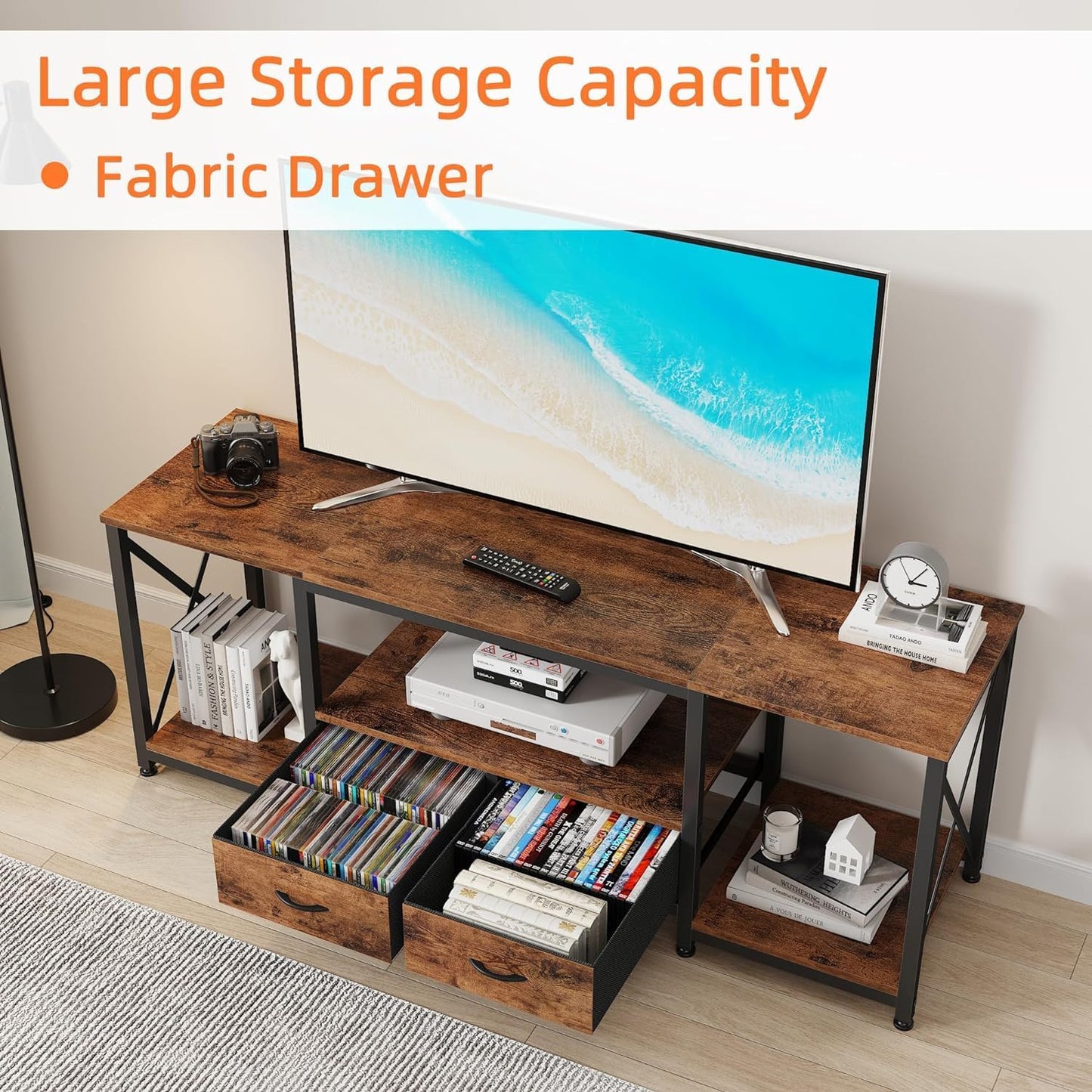 TV Stand with Fabric Drawer for 50 55 Inches TV - Entertainment Center and Industrial TV Console Table with Open Storage Shelves for Living Room, Bedroom - 47" Rustic Brown