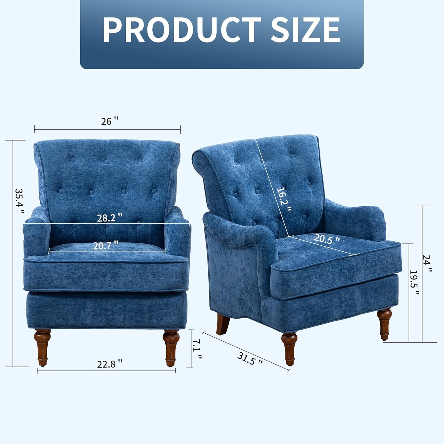 Ball & Cast Comfy Chenille Club Sofa Living Room Chairs,Accent Chair with Springs Cushions & Retro Wooden Legs,Reading Armchair for Bedroom,Office,Blue