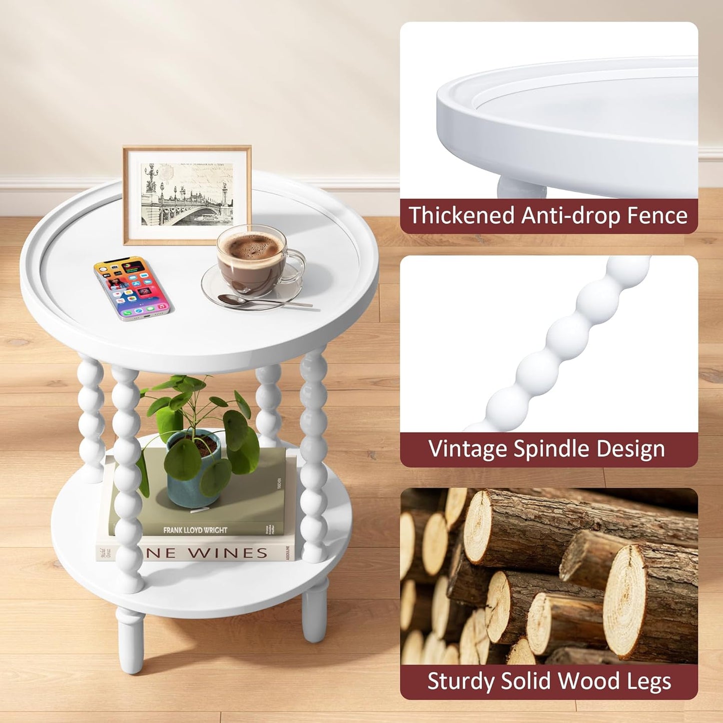 Gadroad Round End Table with Storage Shelf, 2 Tier Couch Side Table, Wood Coffee Table for Living Room, Bedroom, White 19.3 * 19.3 * 25.6 inches