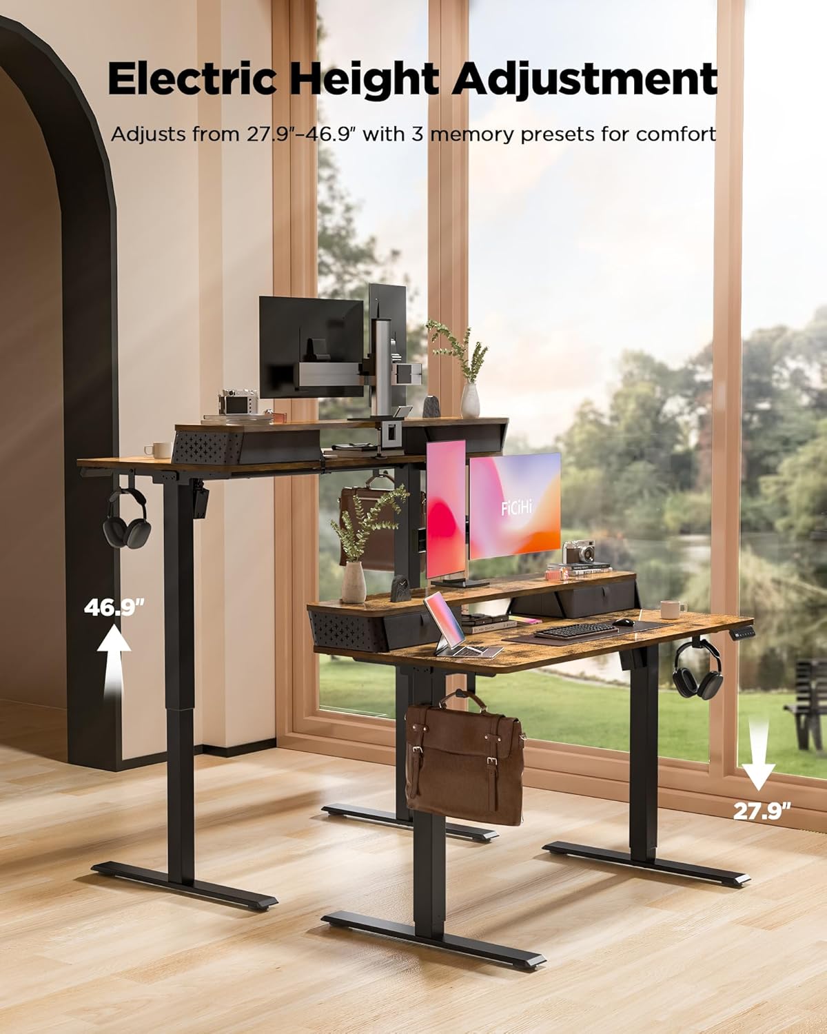 35x20 Inch Standing Desk with Double Drawers,C-Clamp Mount Compatible,Electric Adjustable Height Computer Stand Up Desks, Home Office Sit Stand Table with 3 Preset Heights & Hooks, Rustic Brown