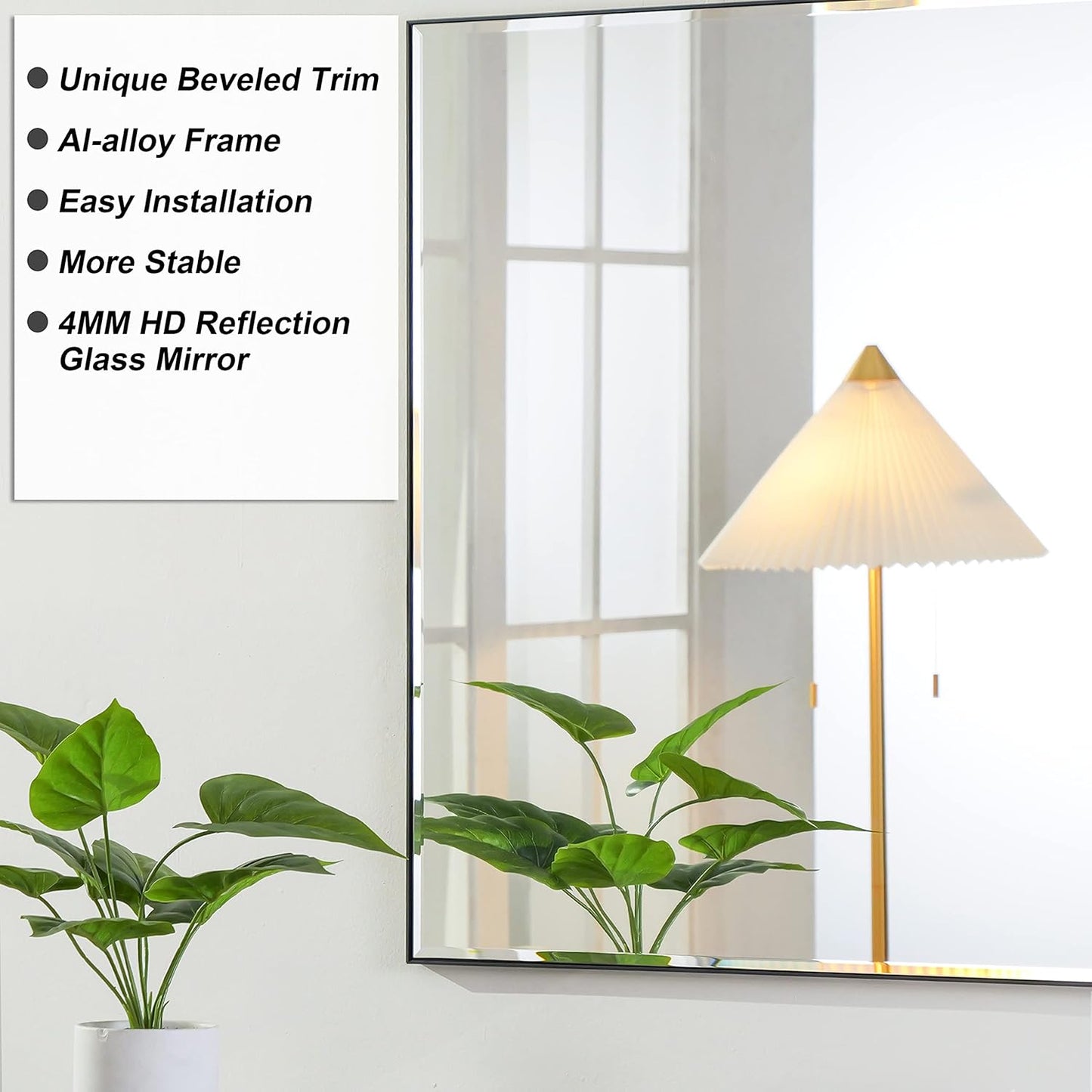 30x48 Inch Black Mirror with Beveled Trim, Aluminum Frame Bathroom Vanity Mirror, Copper-Free Mirror, Rectangle Wall Mounted Mirror, Modern Rectangular Mirror Horizontal or Vertical