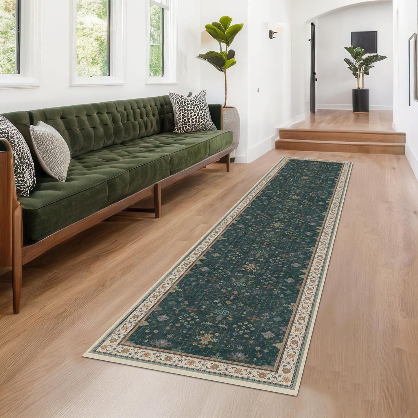 Vintage Dark Green 2x10 Kitchen Rug - Modern Boho Eclectic Floral Pastel, Washable Low Pile Non-Slip Extra Long Runner Rugs for Hallway, Bedroom