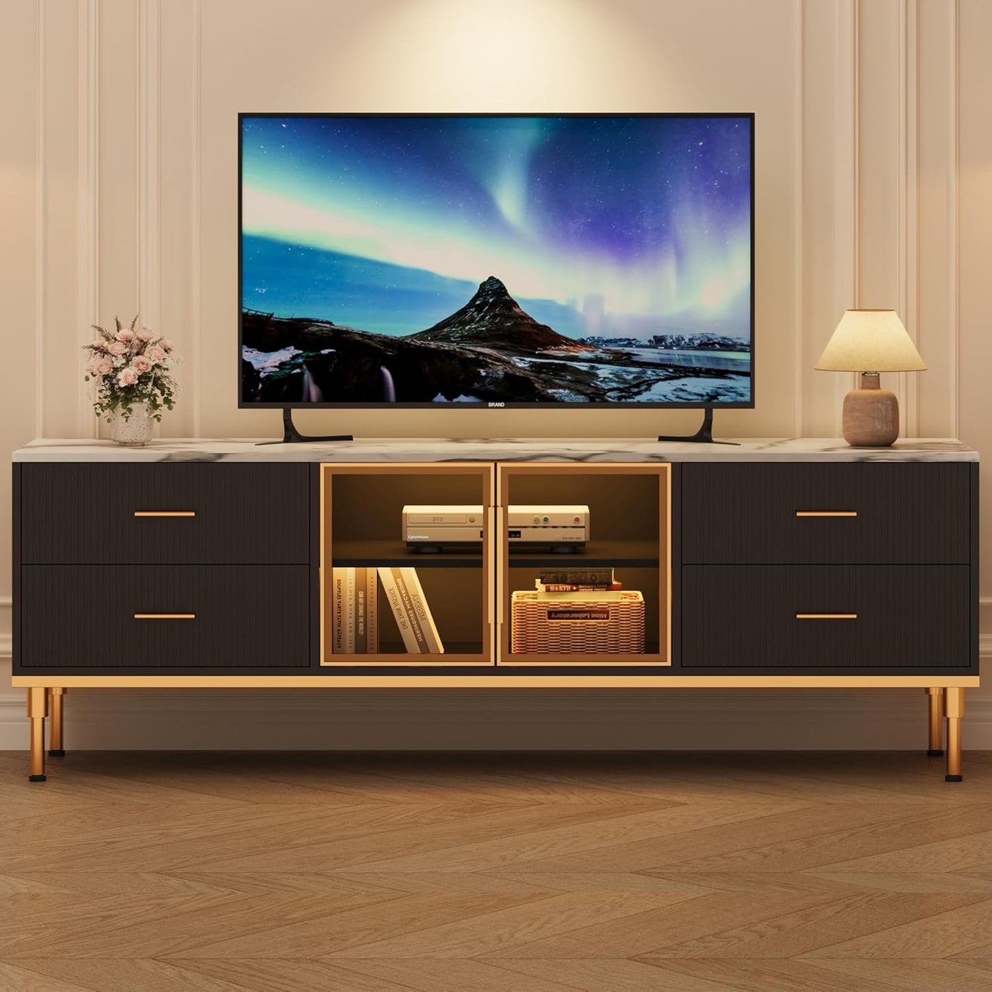 Garvee LED Lighted TV Stand for 55-75" TVs, Modern Entertainment Center with Drawers & Shelves, Glass Doors Living Room Furniture, Black