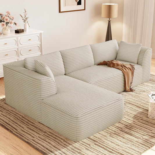 Vesgantti 106" Boneless Couch with Chaise, Deep Seat Comfy Cloud Modular Sofa Corduroy Memory Foam Sectional Couches for Living Room Bedroom, No Assembly Required (Camel, Left-Facing Chaise)