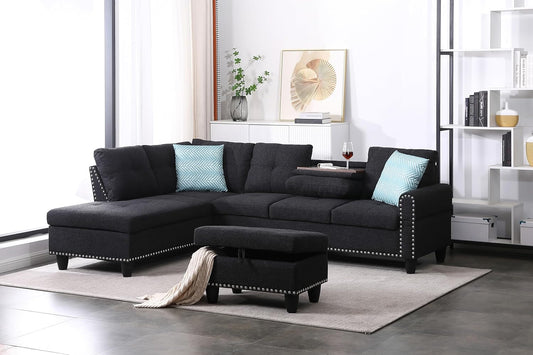 Ball & Cast 98" L Shaped Sectional Couch for Living Room with Chaise & Storage Ottoman,4 Seat Linen Upholstered Modular Sectional Sofa Set 3 PCS W/Cup Holders & Coffee Table,for Home,Office,Charcoal