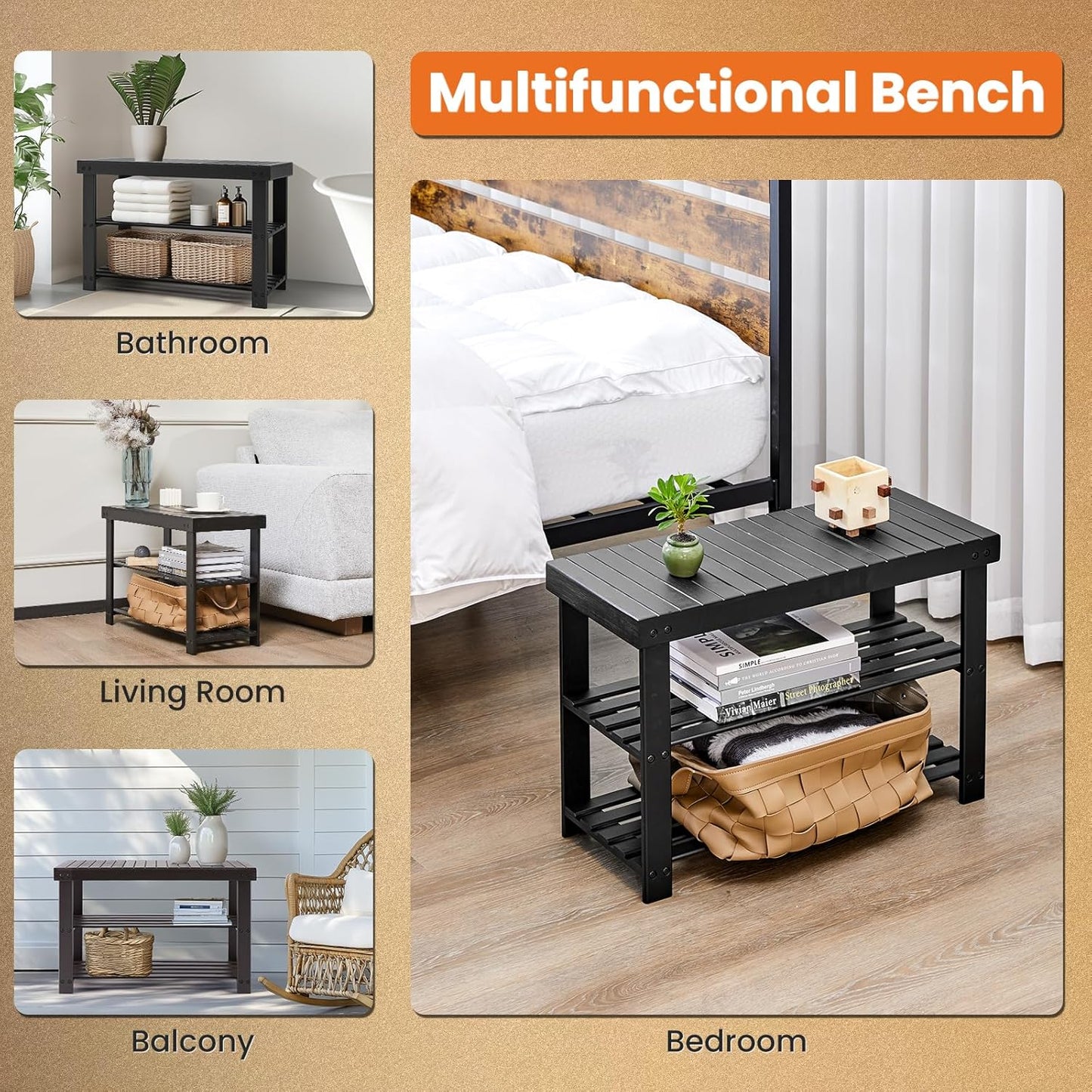 Sweetcrispy 3-Tier Shoe Rack Bench, Bamboo Entryway Storage Organizer, Shoes Stand for FrontDoor Entrance, Bedroom, Living Room, 286lb Capacity, 11.3 x 27.6 x 17.8 Inches, Pitch-Black