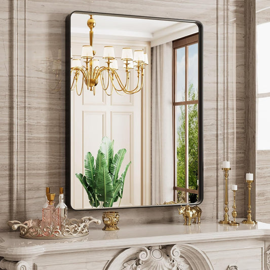 24X36 Inch Black Bathroom Mirror, Black Metal Framed Mirror for Wall, Rounded Rectangle Matte Bathroom Vanity Mirror with Tempered Glass, Anti-Rust, Horizontal/Vertical