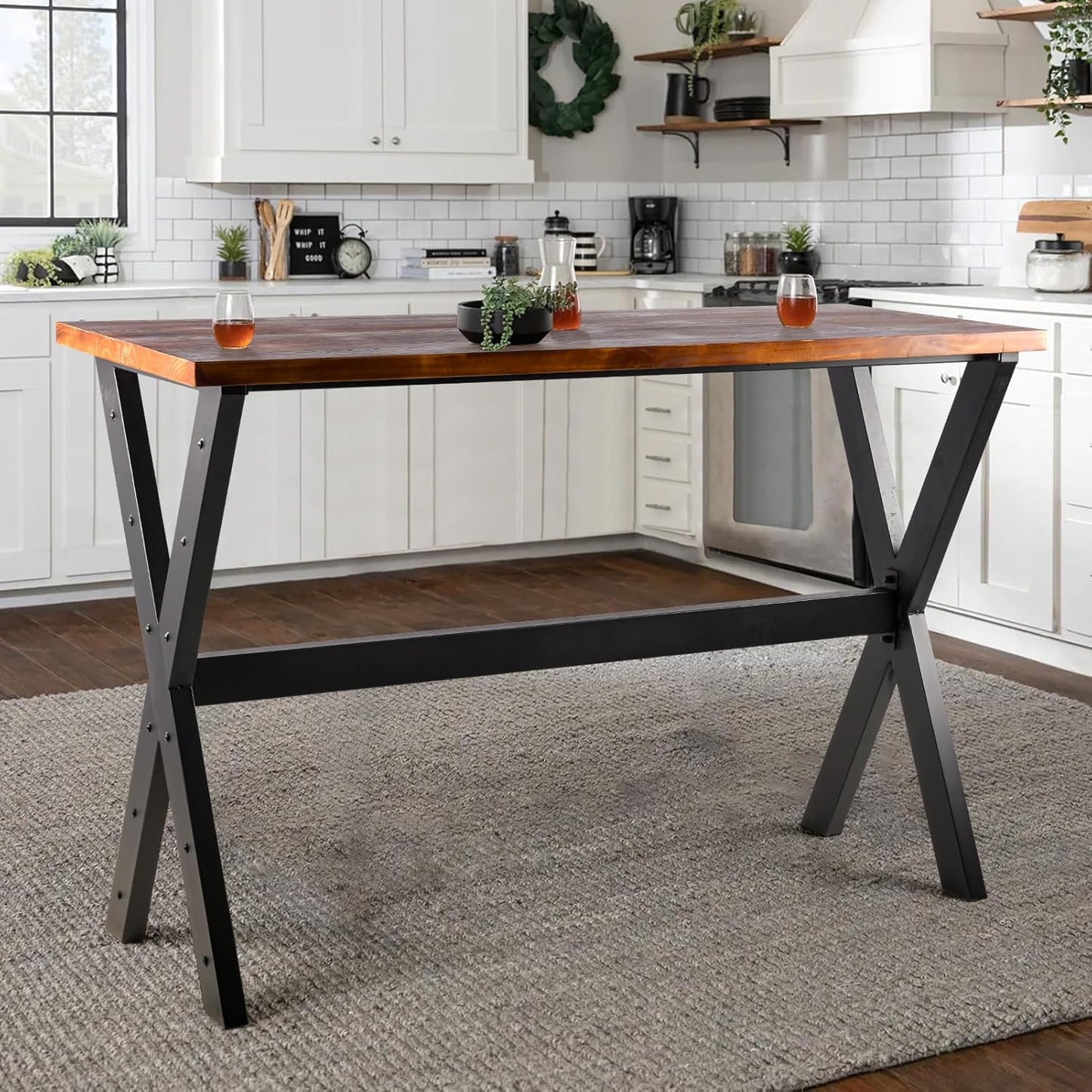 Bar Table, 63"L×41.33"H Bar Height Pub Table High Top Rectangular Sofa Console Table Kitchen Dining Coffee Table, for Narrow Space, Living Room, Indoor, Rustic Brown Wood, Industrial Black Metal