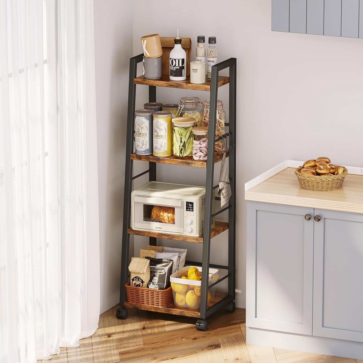 4 Tier Kitchen Storage Cart with Lockable Wheels & 6 Hooks, Mobile Utility Organizer Rolling Cart for Small Spaces, Bar Cart for Kitchen and Living Room, Rustic Brown