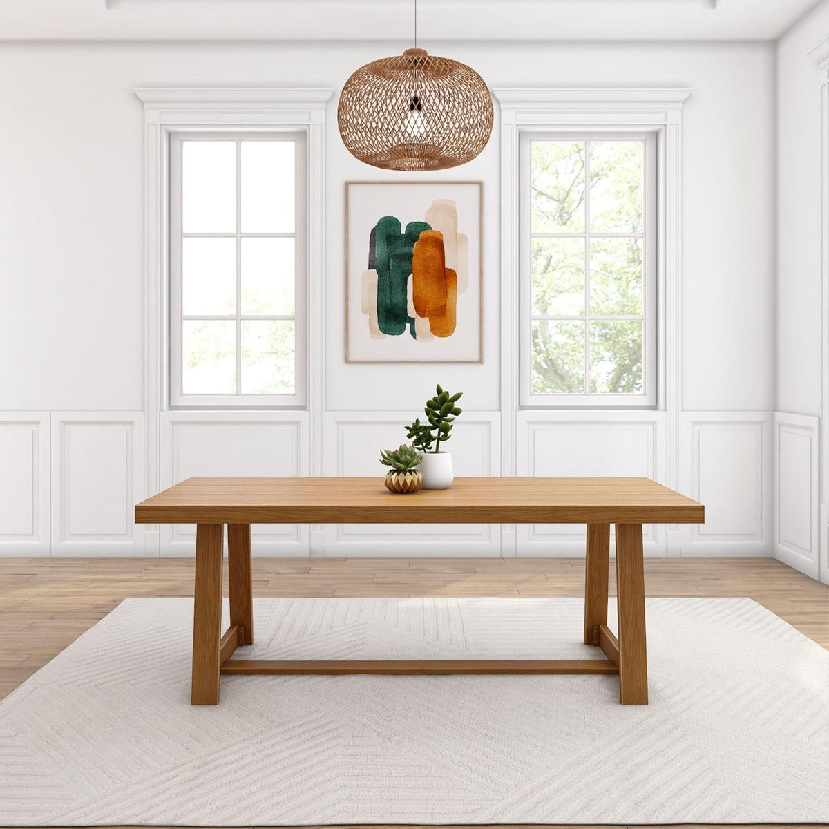 Plank+Beam 84 Inch Farmhouse Dining Table, Solid Wood Rustic Kitchen Table, Large Wooden Rectangular Dinner Table for Dining Room, Home Office, Living Room Furniture, Easy Assembly, Pecan Wirebrush
