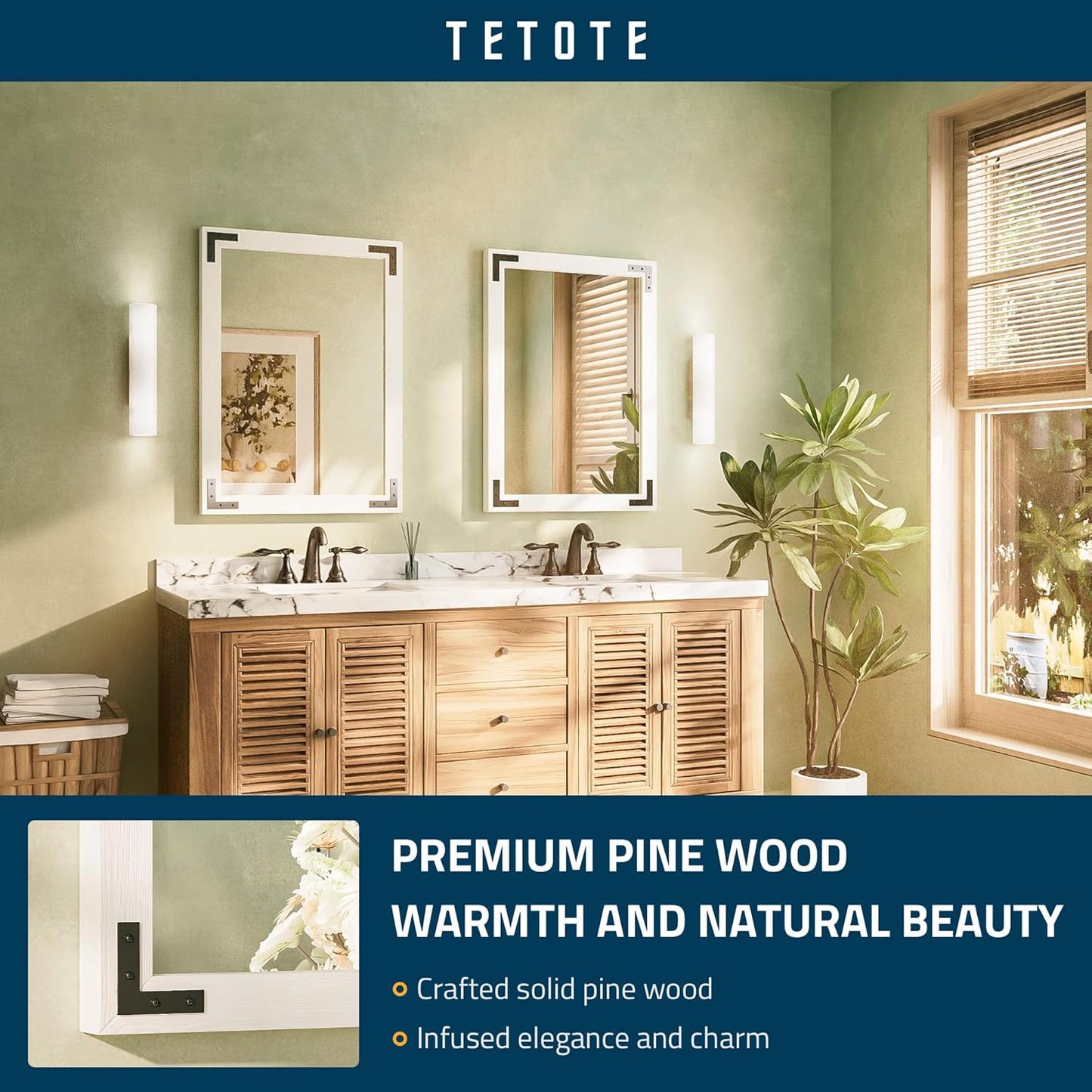 TETOTE 22 x 30 White Wood Framed Mirror for Bathroom Wall/Bedroom/Living Room/Entryway Farmhouse Rustic Bathroom Vanity Mirror for Wall Waterproof (Horizontal/Vertical Mounted)