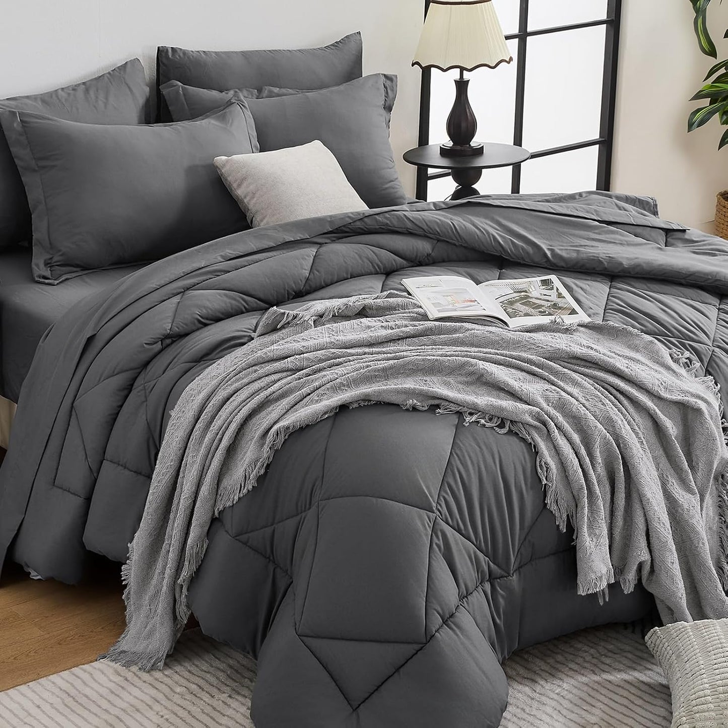HEVUMYI 120x98 Oversized King Comforter Set Dark Grey- 7-Piece All Season Bed in a Bag Oversized King, Soft Bedding Set with Comforter, Flat Sheet, Deep Pocket Fitted Sheet, Pillowcases, Pillow Shams