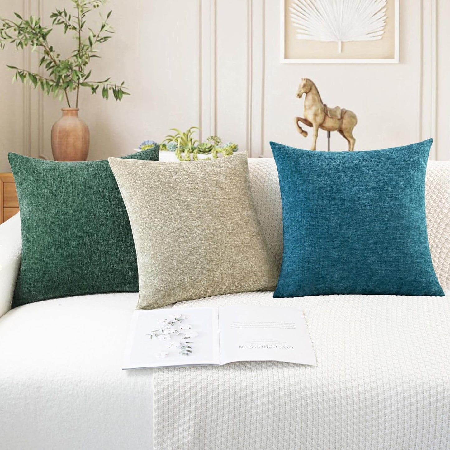 CaliTime Throw Pillow Covers Decorative 20 X 20 Inches Pack of 2 Cozy Chenille Cushion Cases for Couch Sofa Bed Living Room Home Dark Green
