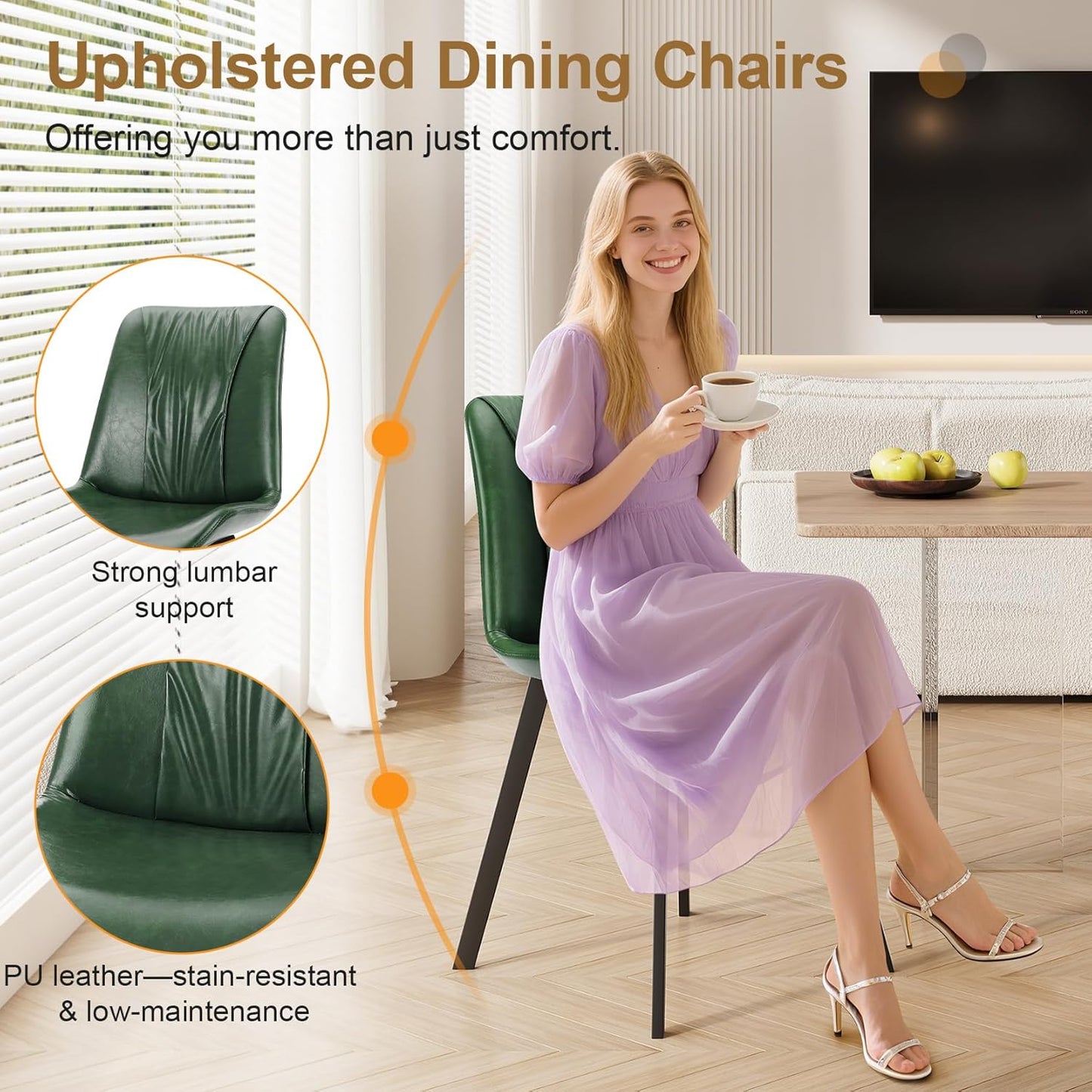 Upholstered Dining Chairs Set of 4, Modern Kitchen & Dining Room Chairs, Faux Leather, Sturdy Metal Legs, for Living Room, Cafe & Restaurant- Green