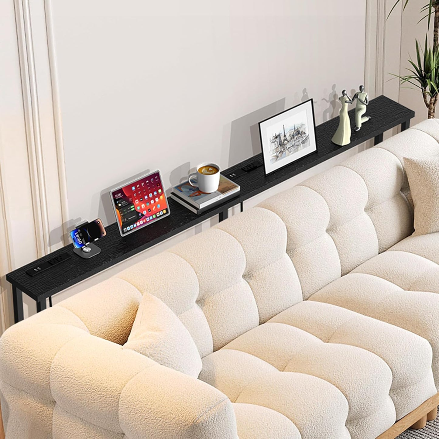 GRLEAF 70" Sofa Table with Built-in Power Strip (4 AC Outlets & 4 USB Ports) – 4.9ft Power Cord, Metal Frame, Easy Assembly, Long Couch Table Behind Sofa, Hallway, Living Room and Home Office | Black